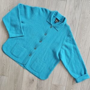 Sigrid Olsen Sport Turquoise Lambswool Collared Patch Pocket Cardigan Sweater XL